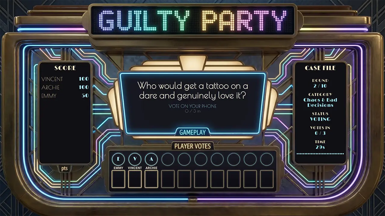 Guilty Party party game on a living room TV